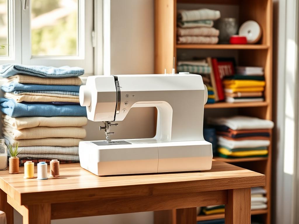 Máquina de costura Singer M1605 sobre mesa de madeira em ateliê caseiro